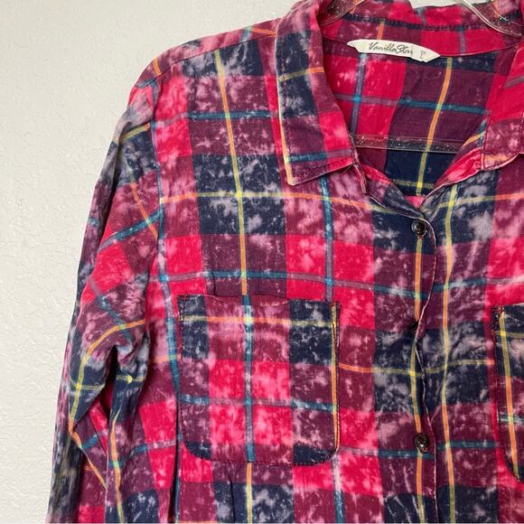 VANILLA STAR Red Plaid Bleached Button Down Shirt Size L - Picture 5 of 7